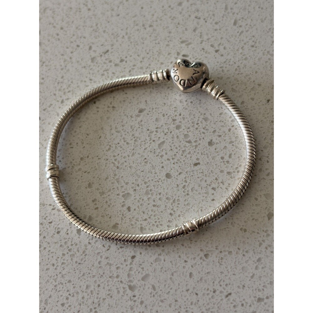Genuine Pandora 925 Silver Snake Chain Charm Bracelet heart Clasp 925 ALE 18cms